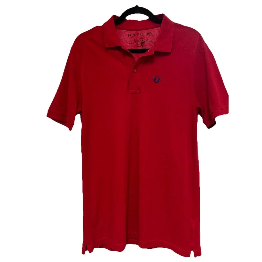 True Religion Mens Seasonal Polo Shirt Red Blue Horseshoe Logo Cotton Medium